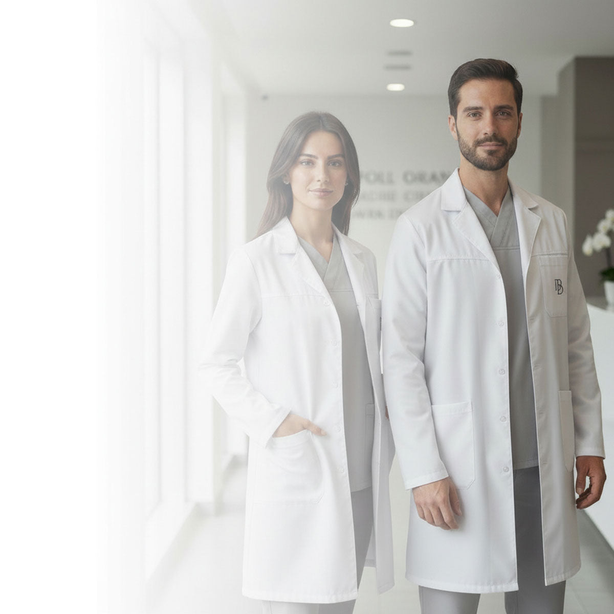 Una fotografía de alta calidad presentando a dos profesionales de la salud, un hombre y una mujer, vistiendo uniformes médicos de Bordagran, incluyendo batas blancas con el logo de la marca bordado y uniformes interiores grises. Están de pie en un pasillo moderno de una clínica u hospital, con un escritorio de recepción y una planta de orquídeas blancas en el fondo a la derecha. La imagen incorpora un efecto de degradado blanco desde el lado izquierdo, enfocando la atención en los sujetos y su posicionamien