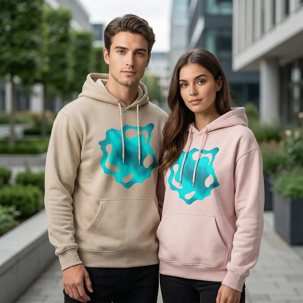 Sudaderas con capucha personalizadas DTF en colores beige y rosa estilo juvenil