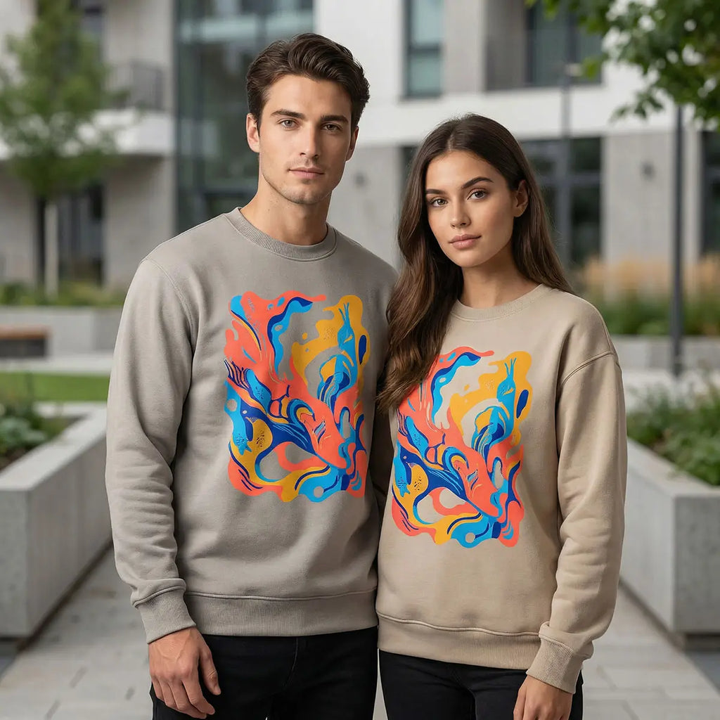 Sudaderas personalizadas con impresión DTF juvenil a todo color en estilo urbano moderno